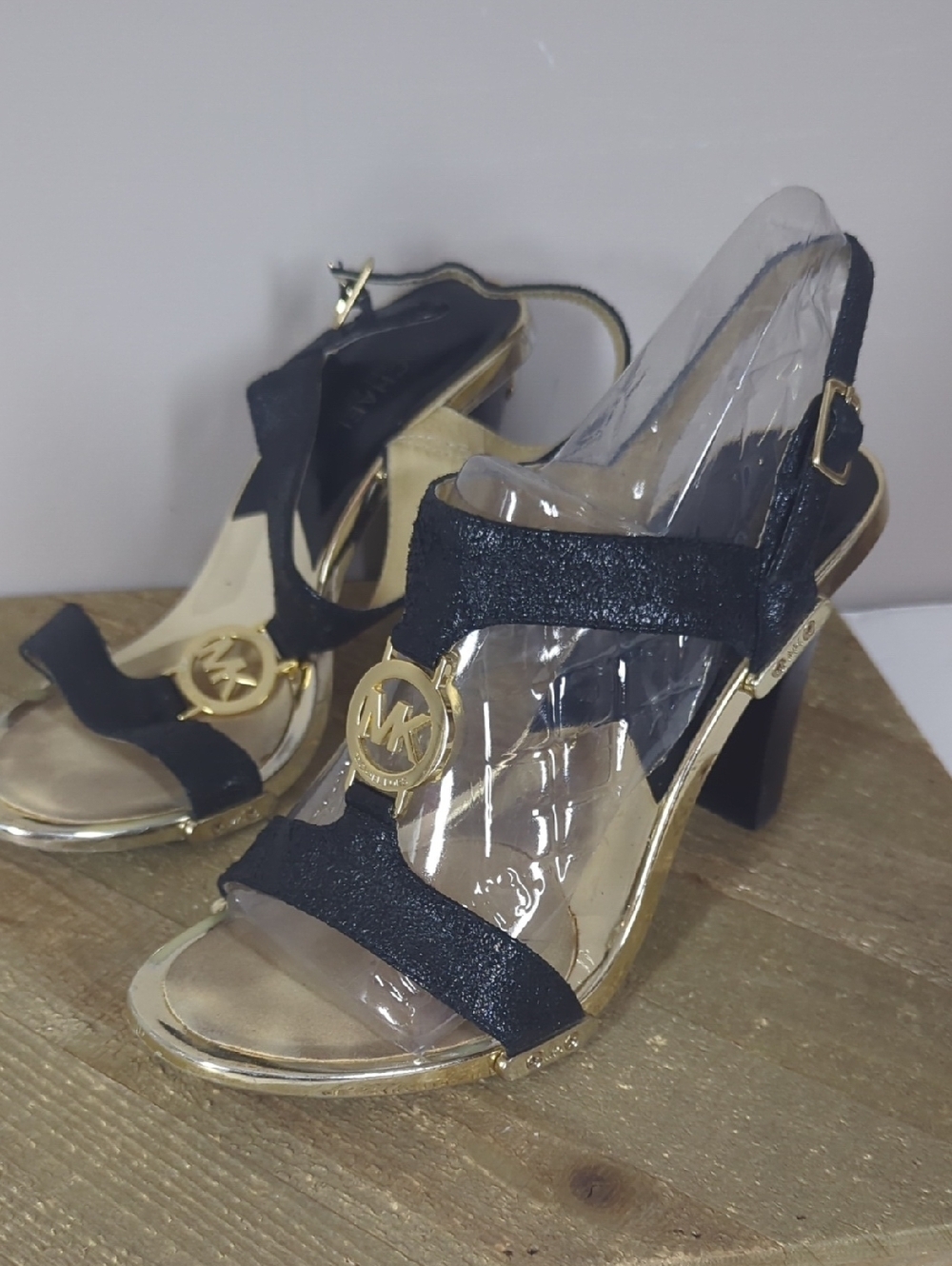 Michael Kors Fulton Black & Gold Logo Block Heel Sandals